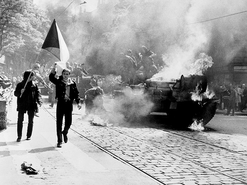 Photograph from the Soviet invasion of Czechoslovakia depicting a burnted-out Russian tank, 1968