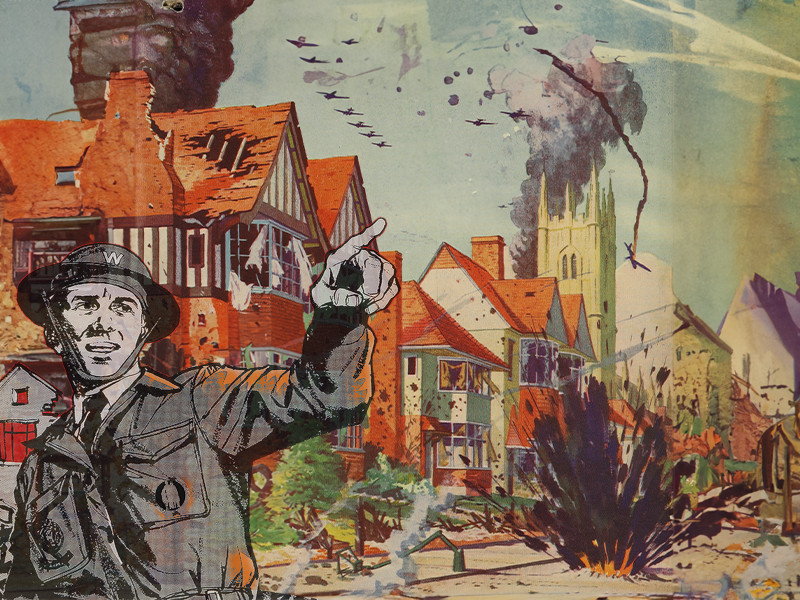 Coloured illustration of a British town being bombed. On the left a black and white soldier points to the sky.