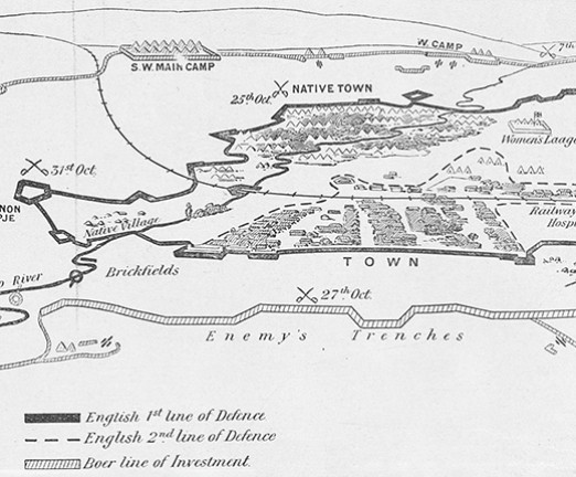An illustration of lines of defense on a map from the Second Boer War.