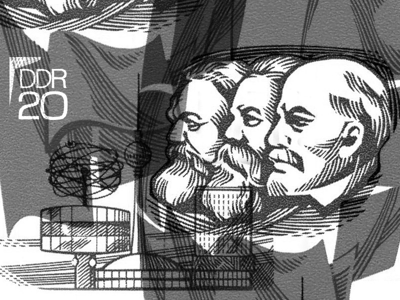 An East German stamp commemorating the Reports from the 1976 Conference of Communist and Workers Parties of Europe, includes side profiles of Lenin, Engels, and Marx