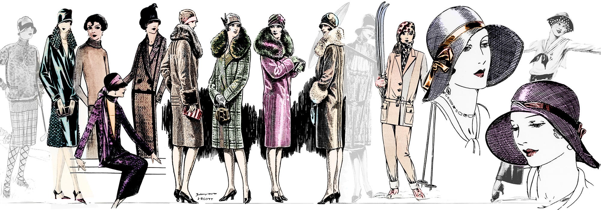 Composite of coloured illustrations of five women showing different fashion trends.