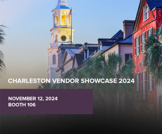 An infographic containing information about the Charleston Vendor Showcase. In the background, there is a row of colourful buildings.
