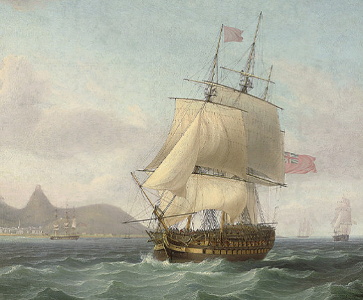 Illustration of The View of Cape Town, Table Bay. There is a sailing boat in the foreground.