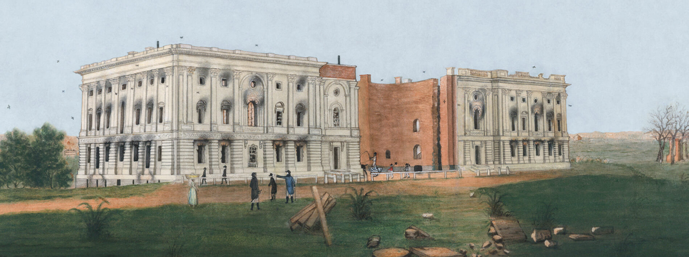 U.S. Capitol after burning by the British. Drawing shows the ruins of the U.S. Capitol following British attempts to burn the building. Washington, D.C.