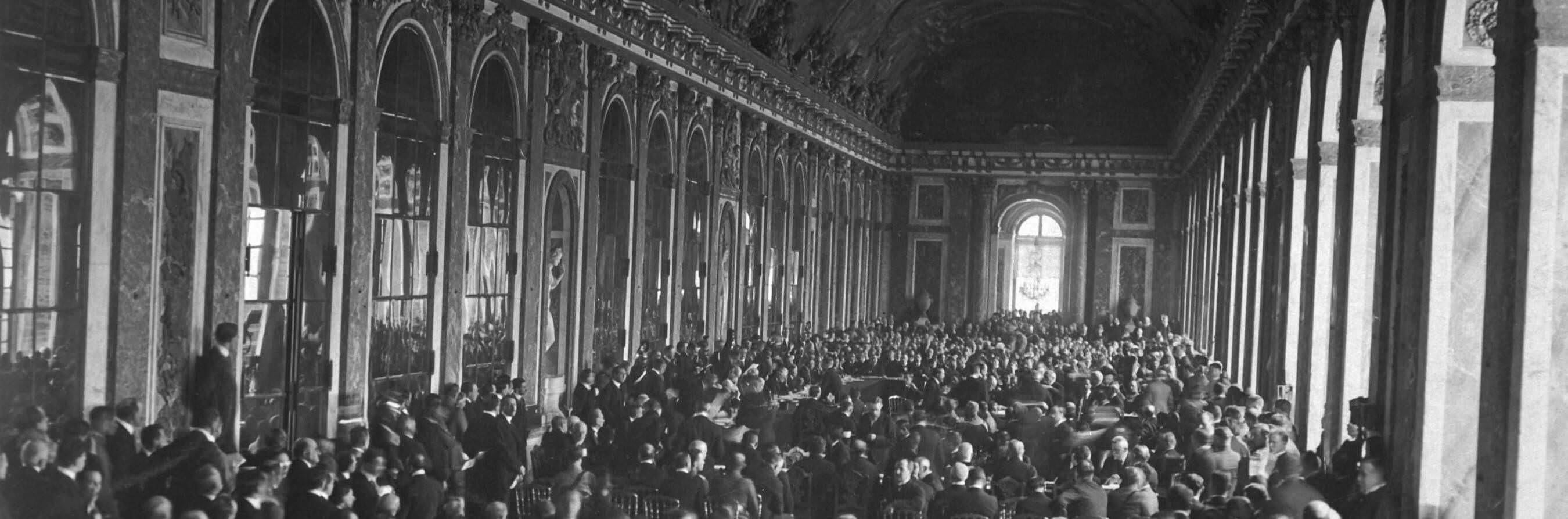 Interior of the Palace des Glaces during the signing of the Peace Terms. Versailles, France