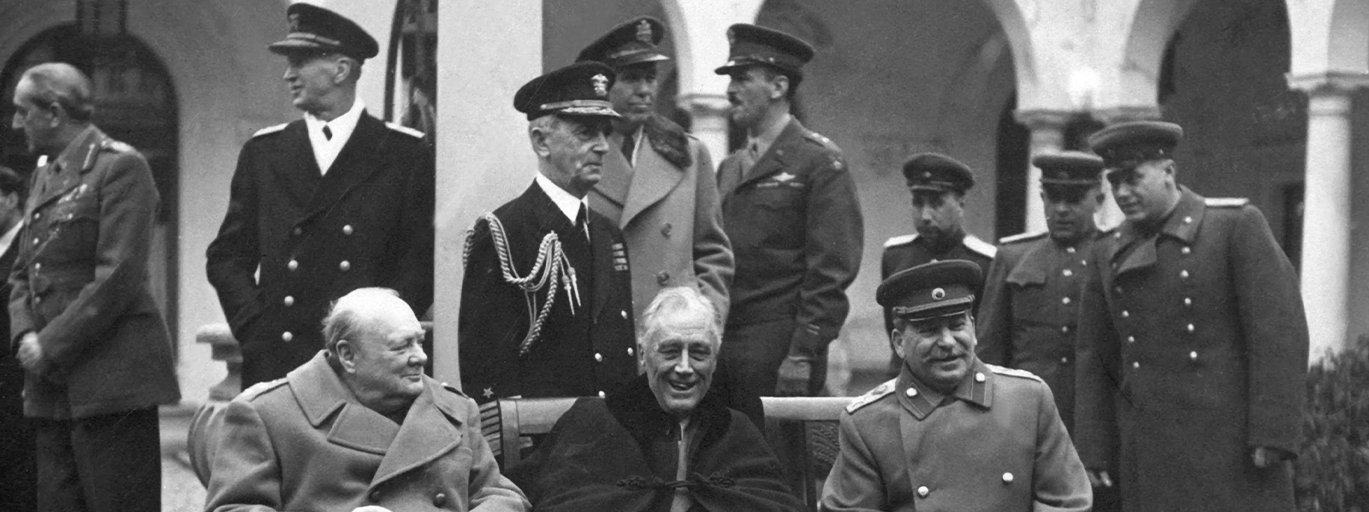 Winston Churchill, Franklin D. Roosevelt, and Joseph Stalin at Yalta, February 1945 in the patio of Livadia Palace