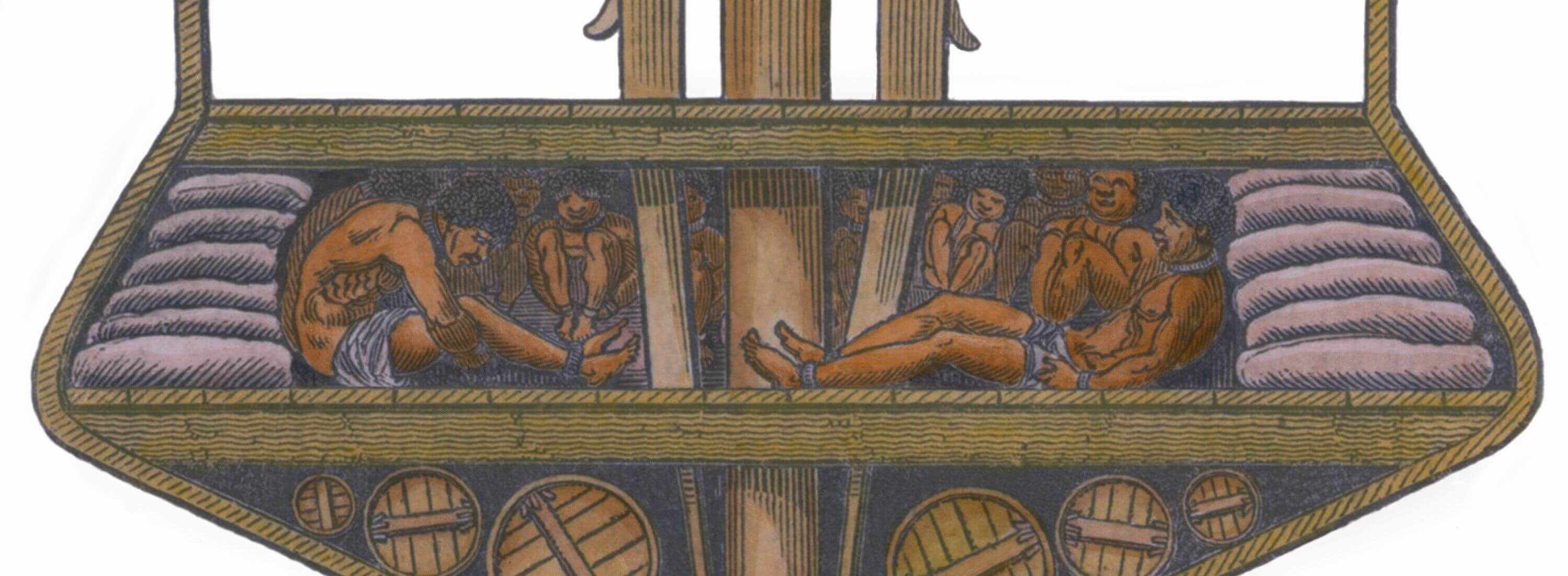 A small slave ship, in which the human cargo are crowded with barrels