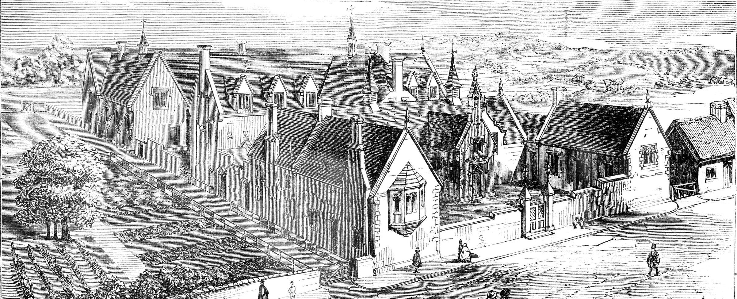 An engraving of St. Andrew's College and Industrial Schools