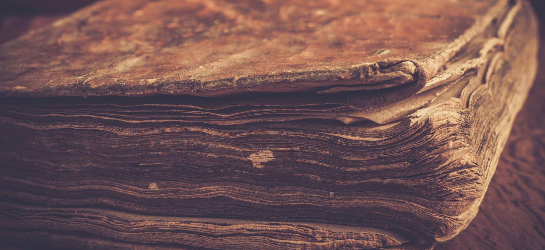 A close up of an antique book with curling pages