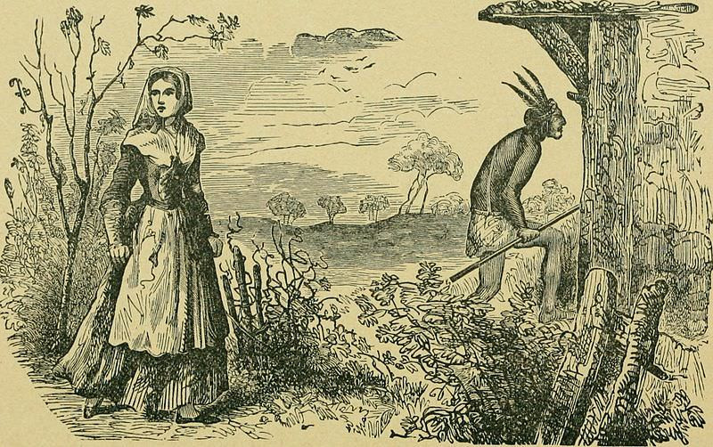 A wooden engraving of a white settler on the Kentucky frontier, becoming alarmed as a Native American man enters her house, 1792