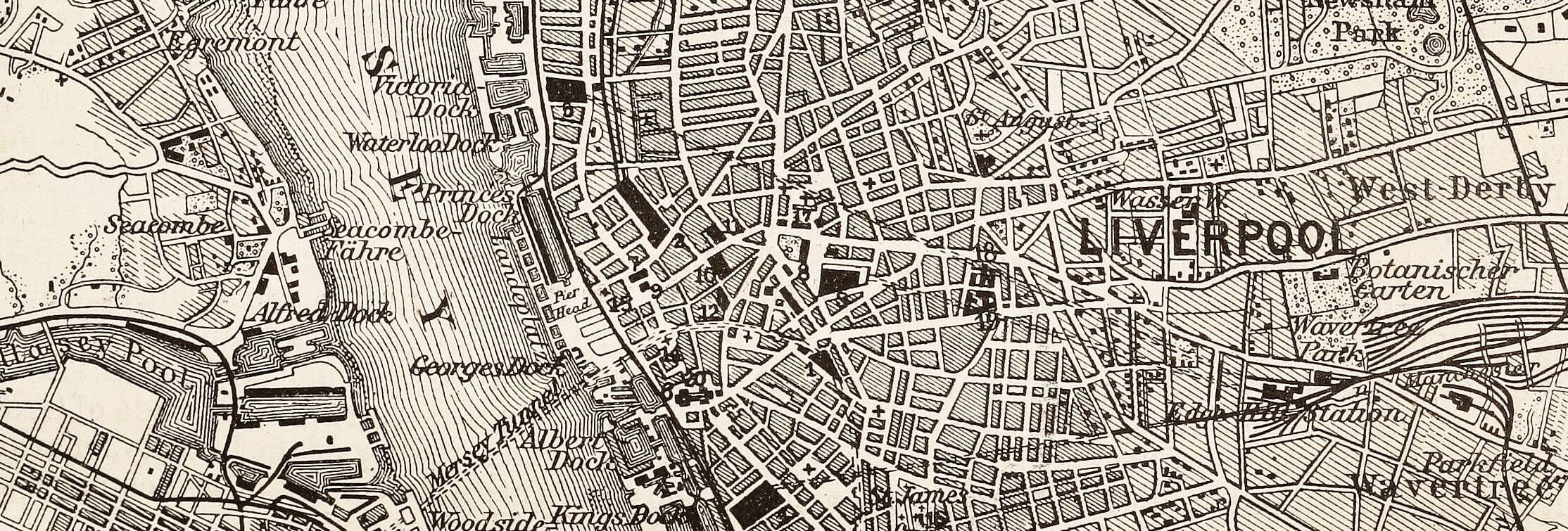 An engraved map of Liverpool, depicting several docks.