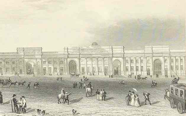 An engraved illustration of the Entrance to the Railway Station at Liverpool