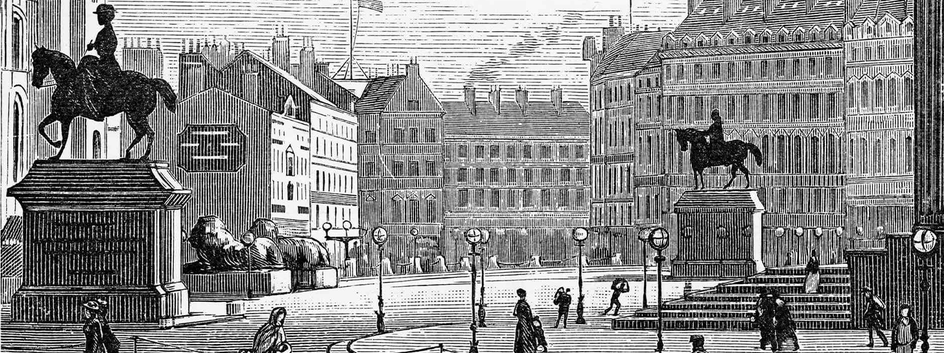 Antique Engraving of Victorian England Victorian, 1840. People walk through the square with bundles.