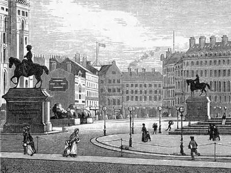 Antique Engraving of Victorian England Victorian, 1840. People walk through the square with bundles.