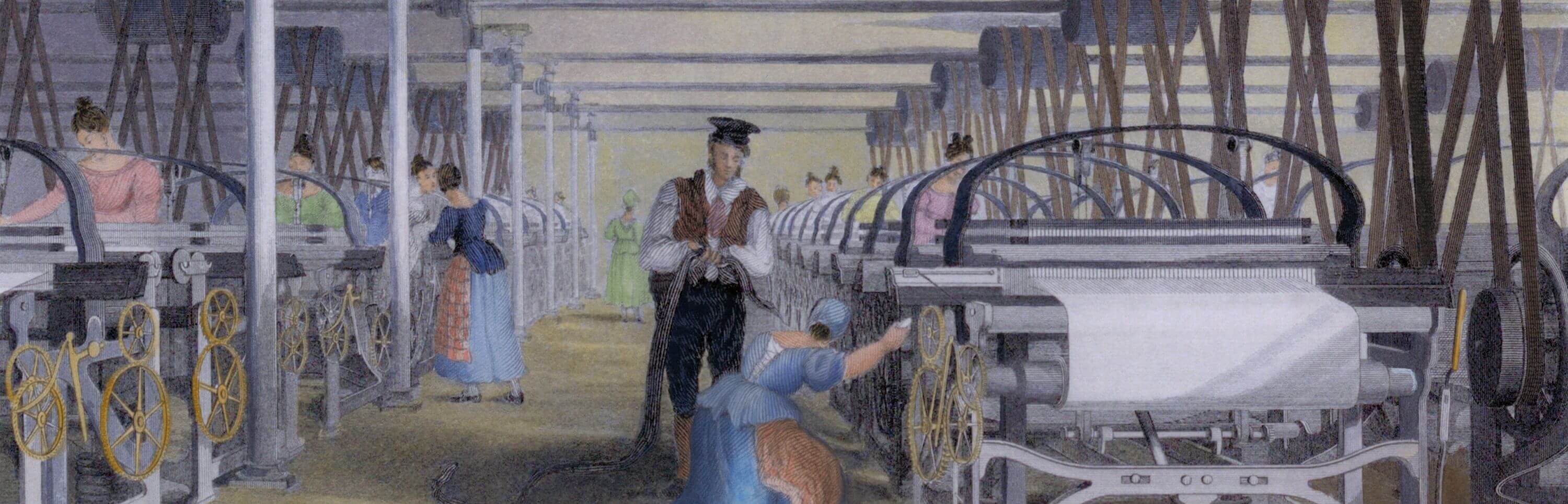 A woman works at a power loom weaving in a cotton mill in Lancashire, England, 1835
