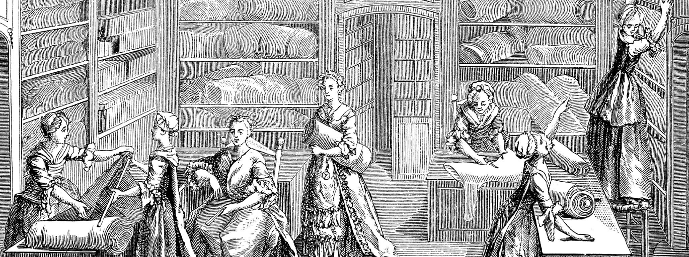 An engraving of seven women working in a fabric shop, 1885.