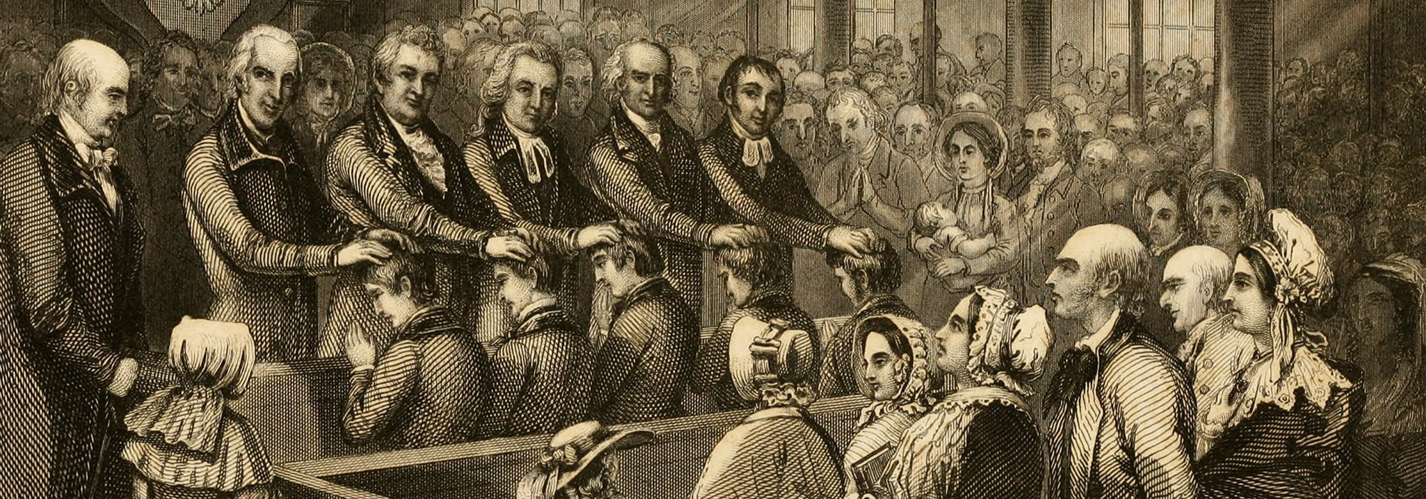 Ordination of the First American Foreign Missionaries at Salem Massachusetts in February 1812. Among the newly ordained Missionaries were Adoniram Judson 1788-1850 Samuel Newell and Samuel Nott.