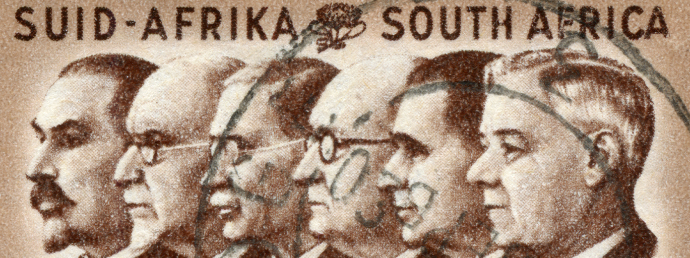 A stamp printed in South Africa, dedicated to the 50th anniversary of the Union, show Prime Ministers Botha, Smuts, Hertzog, Malan, Strydom and Verwoerd