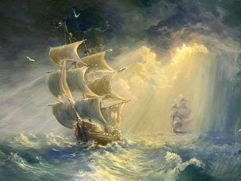 Two ships sail on very choppy waters. One ship is closer to the foreground, while one is in the background, sailing into the light.