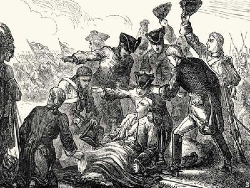 The Death of Wolfe. An illustration of men in uniform crowded around an injured man, holding up their hats to alert those to stop attacking while they help the man.