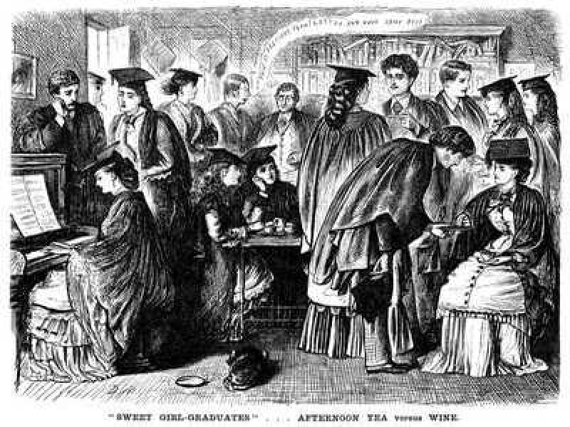'Afternoon Tea Versus Wine', Punch Magazine, 1872. The ladies, all of whom look very studious, drink tea, whilst the men would prefer a beer. A man leaning on the piano stares into space. It was only comparatively recently that young women had been able to attend universities and, in this cartoon, Punch takes a satirical look at the difference in celebration between men and women.
