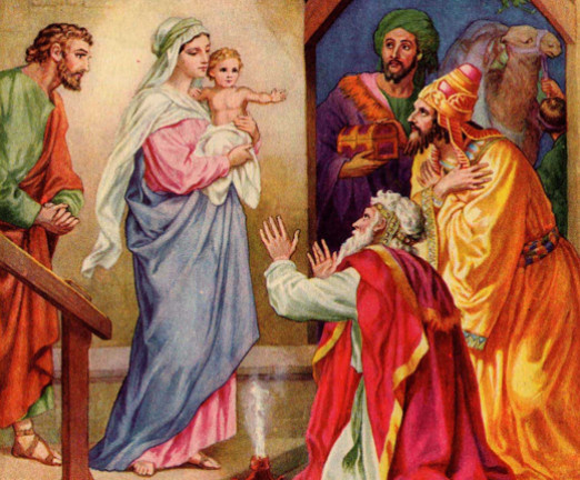 An illustration of the three wise men arriving to meet the baby Jesus. Mary stands to the left, holding Jesus, with Joseph behind her and the three wise men kneeling to the right.