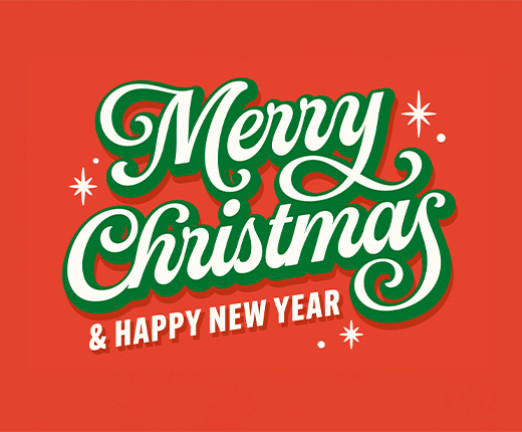 A red background with calligraphy that reads Merry Christmas & a Happy New Year. The writing is white, outlined with green.