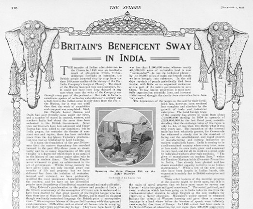 A black and white document with the title Britain's Beneficent Sway In India in a capitalised font. There is an illustration of two elephants at either side, with an ornamental border connecting the two to frame the text.