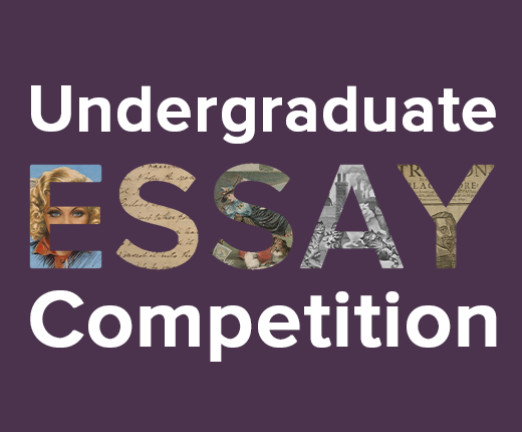 A purple background with writing that says Undergraduate Essay Competition. Within each letter of the word Essay is a document. These range from illustrations, magazine covers, and written documents.