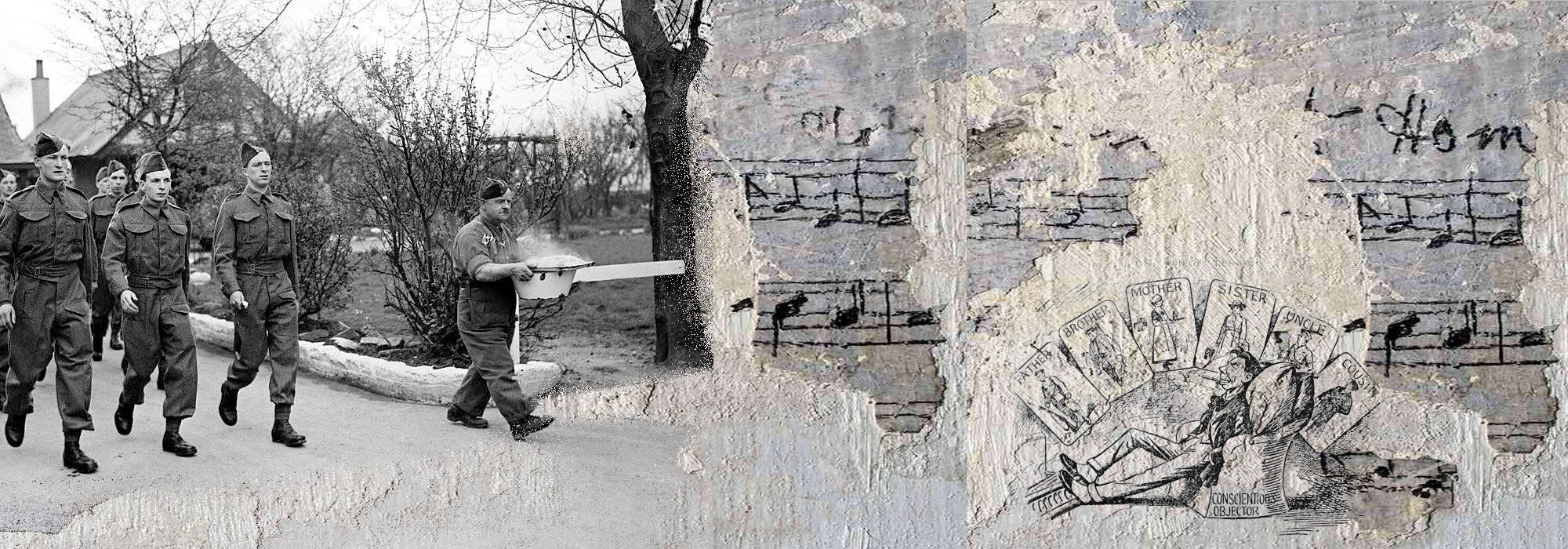 On the left, soldiers lined up and walking forwards. On the right, a cartoon drawing of a contentious objector.