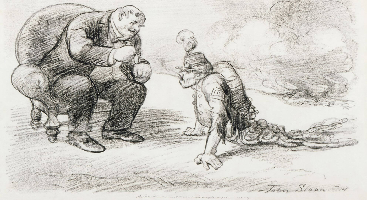 Cartoon drawing shows a World War I veteran walking on his hands, dragging his entrails behind him. He approaches a man, who sits on a chair and leans over to give him a medal for his service as a soldier.