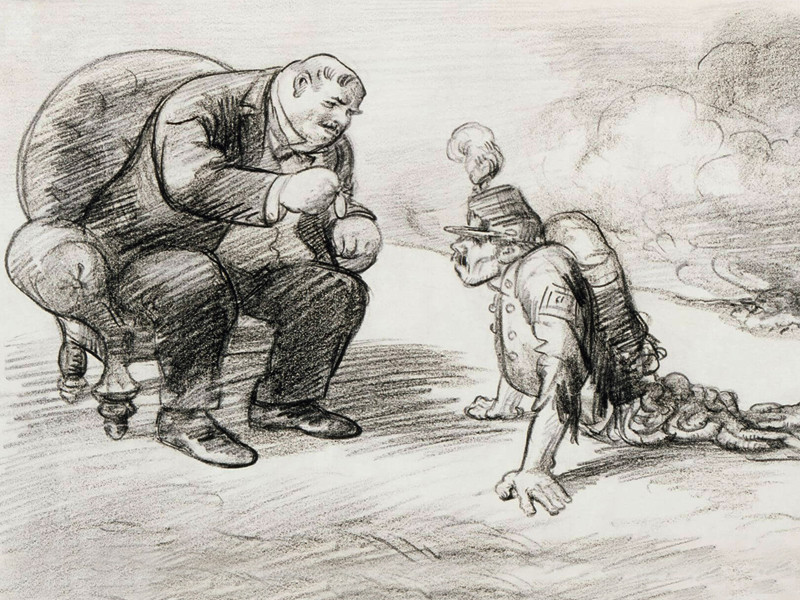 Cartoon drawing shows a World War I veteran walking on his hands, dragging his entrails behind him. He approaches a man, who sits on a chair and leans over to give him a medal for his service as a soldier.
