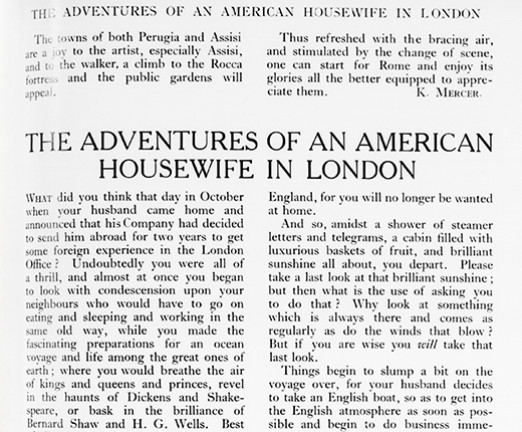 A black and white document with a large capitalised title that reads The Adventures of an American Housewife in London. Beneath the title, there are two columns of text printed in a heavy typeface.
