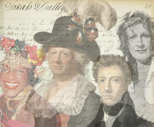 An aged piece of paper, Sarah Dulley’s admission record, with the name written in cursive handwriting at the top of the page. There are three portraits overlayed on the document, with low opacity so that the writing can be seen behind them. The three figures are Marsha P Johnson,  Chevalier d’Éon, James Barry, and Sylvia Rivera.