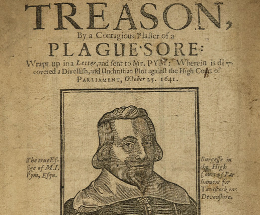 The front cover of a pamphlet titled: A Damnable Treason By a Contagious Plaster of a Plague-Sore. It states Treason in large letters, followed by Plague Sore. There is an illustration of a man with hair down to his ears and a moustache, framed by a border, below the text.