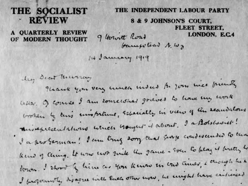 A document with a header that reads The Socialist Review and a handwritten letter beneath.