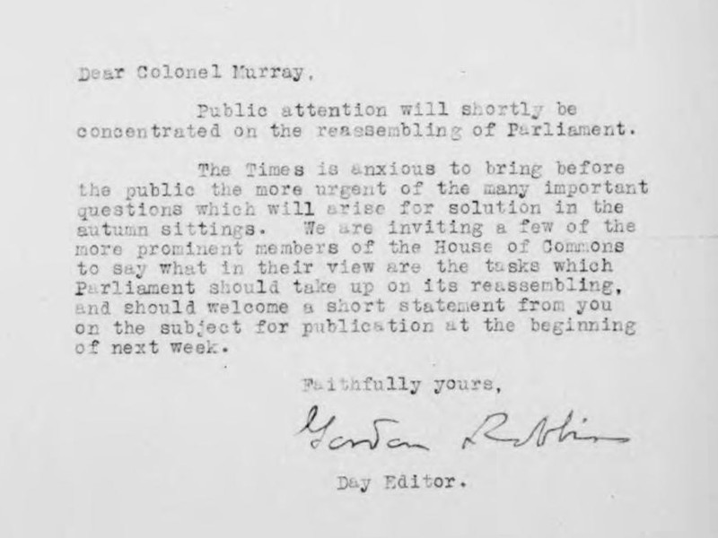 A typed letter addressed to Colonel Murray.