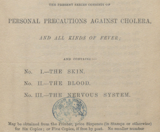 A piece of aged paper with the title Sanitary Rhymes. There is a subheading printed more centrally, Personal Precautions Against Cholera, And All Kinds of Fever.