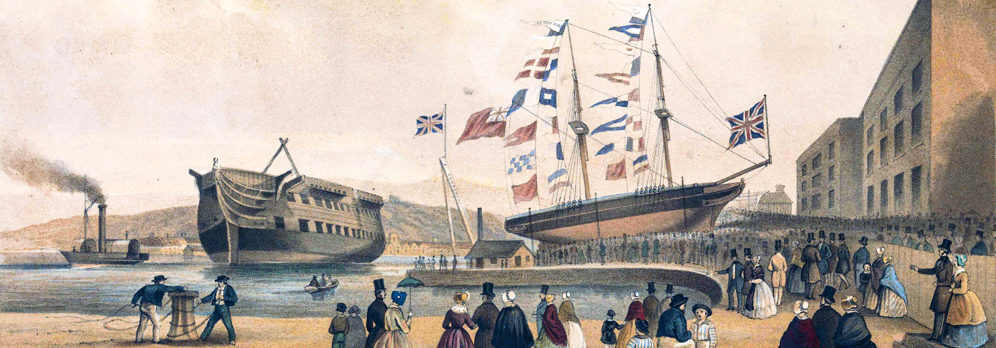 The launch of the Missionary Ship The John Wesley at West Cowes, Isle of Wight, September 23rd 1846. People gather at the dock to watch the ship.