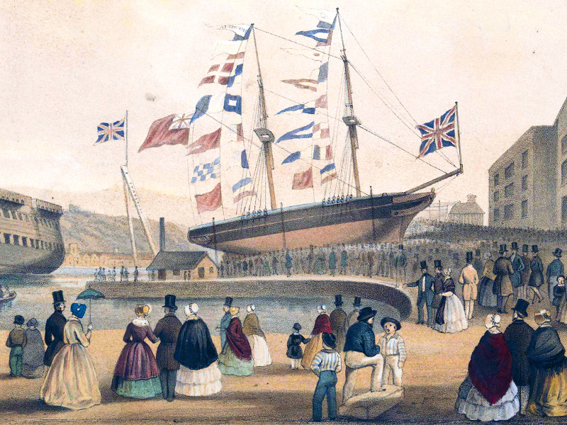 The launch of the Missionary Ship The John Wesley at West Cowes, Isle of Wight, September 23rd 1846. People gather at the dock to watch the ship.
