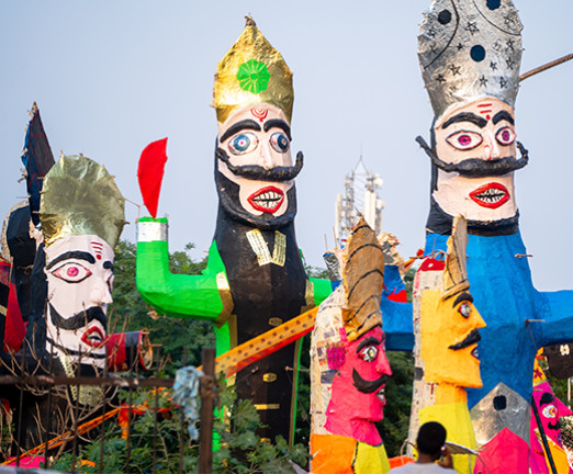Colorful effigies of demon king Ravan, made of paper, on the Hindu festival of Dussehra.