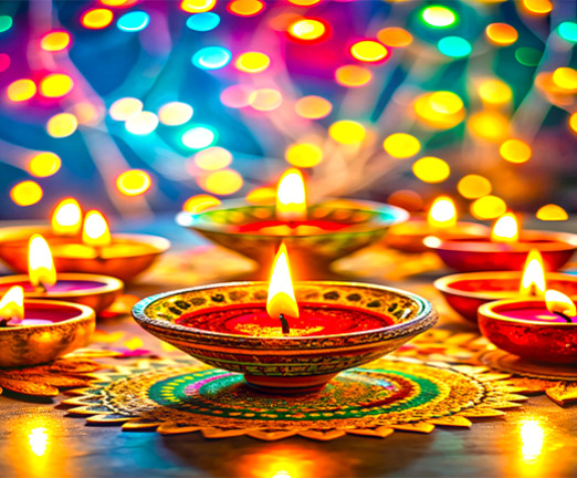 Brightly coloured candles lit for Diwali. There are eight candles, and bokeh lights surrounding them.
