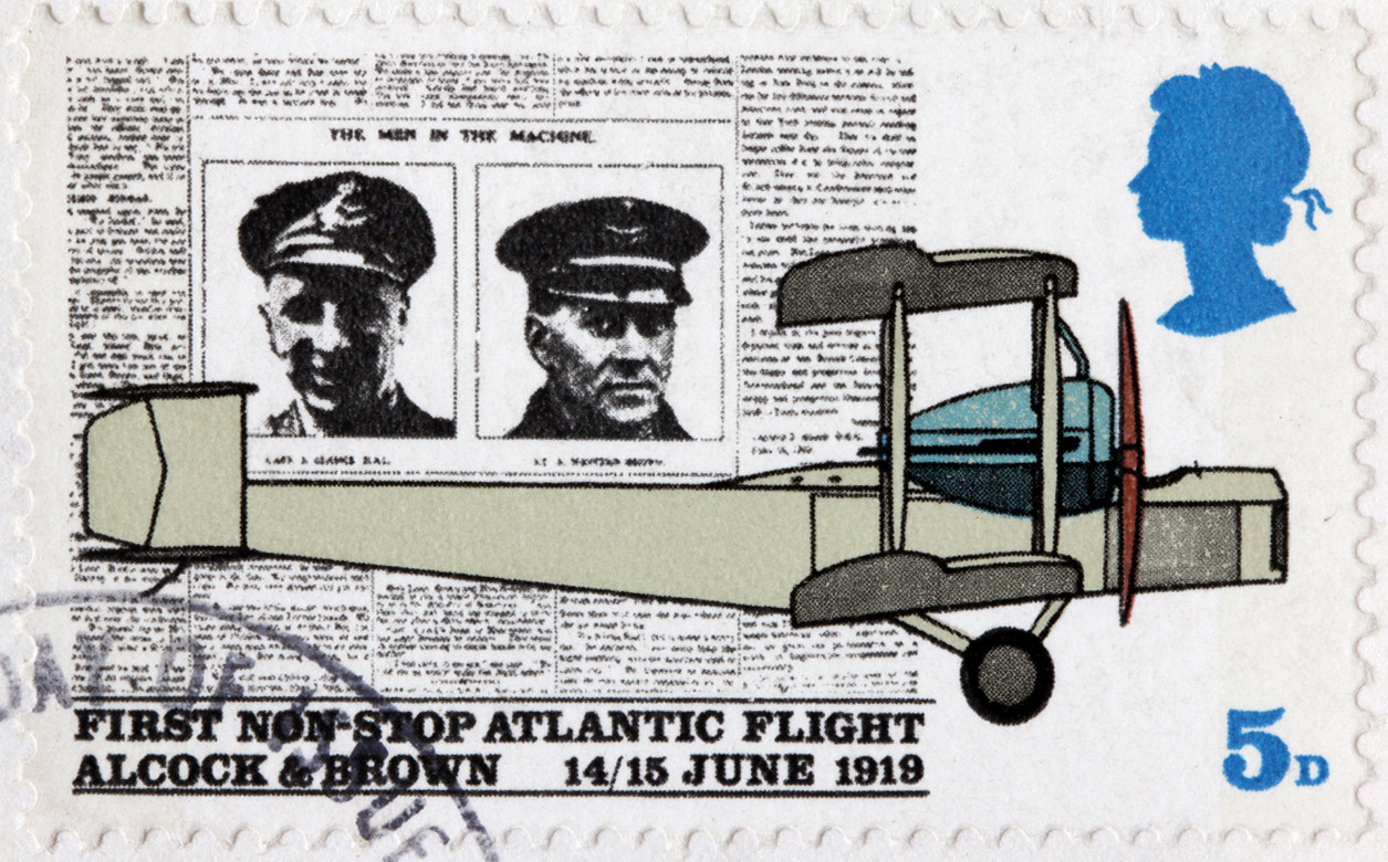 A stamp printed in UK in the 1970s shows newspaper Daily Mail and aeroplane Vickers Vimy, the first nonstop transatlantic flight by Captain John Alcock and navigator Lieutenant Arthur Whitten Brown on June 14-15 1919.