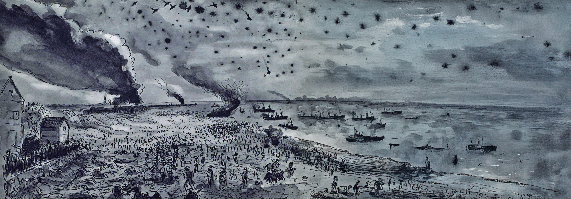 An illustration of the Battle of Dunkirk from a birds-eye view, showing a beach filled with people, several planes in the sky, and several boats on the sea. Plumes of smoke raise from various points on the beach.