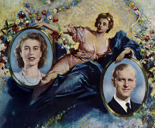 Illustration of oval portraits of Queen Elizabeth II and Prince Philip, featuring an illustration of a woman leaning on her side behind them.