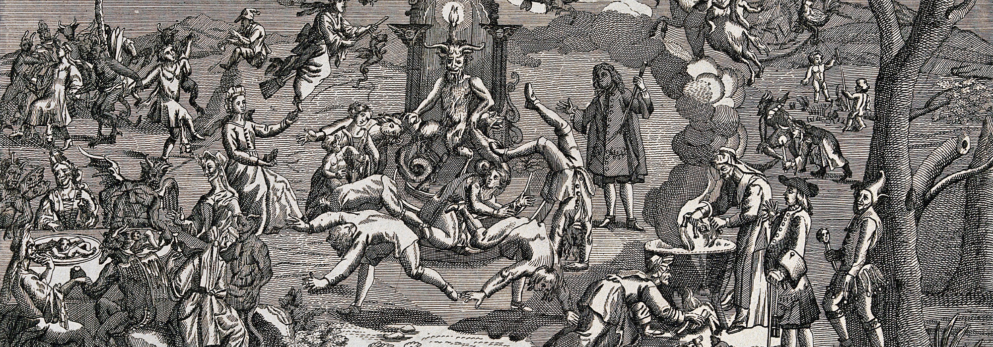 Illustration of Satan sat on a throne at the centre of a witches' sabbath. Several figures surround the throne, dancing acrobatically. On the right, people cook dismembered infants in a cauldron, while several humans and devils on the left eat at a table.