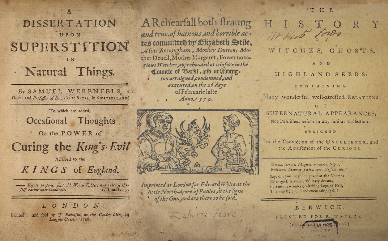 Front covers of three pamphlets. From left to right, their titles read A Dissertation upon Superstition in Natural Things, A Rehearsal both Strange and True, of heinous and horrible actions..., and The History of Witches, Ghosts, and Highland Seers. An illustration features beneath the title of the middle pamphlet, showing two women observing a small demonic figure.