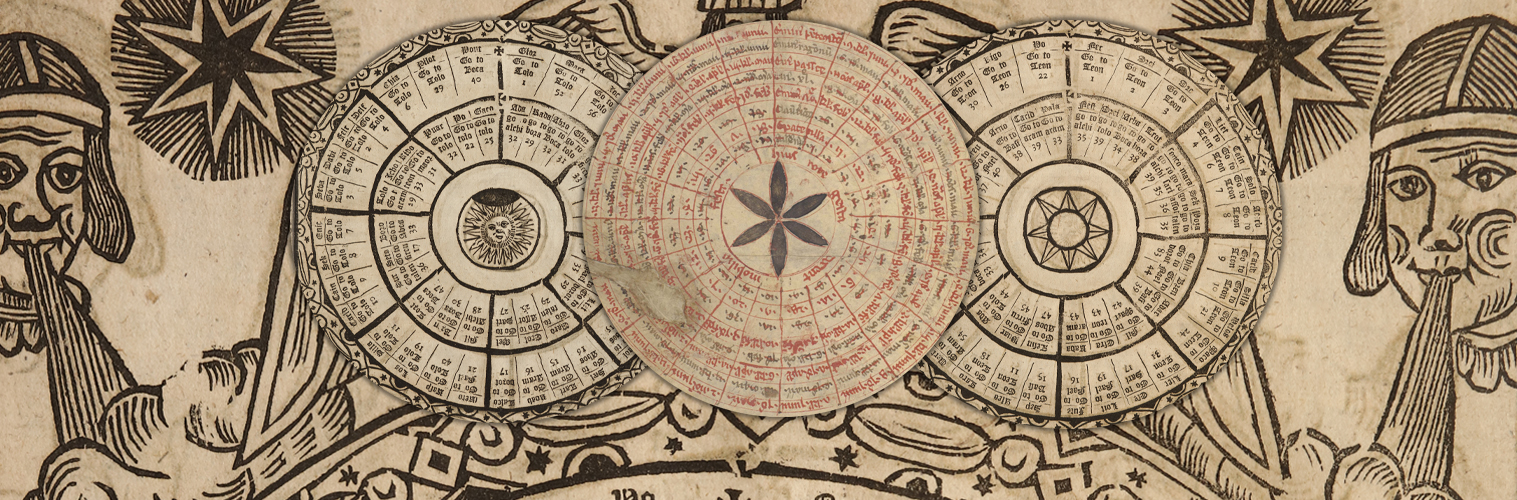 A composite of illustrations. Two human heads appear on the left and right of the image, blowing steam towards the centre, where three circular illustrations feature. The circles on the left and right feature illustrations of the sun in their centres and are each divided into sixteen sections. Two sections on each circle are covered by the middle circle, which features an illustration of a six-pointed floral motif in its centre and is divided into 120 sections. Unreadable text features in each section of all three circles.
