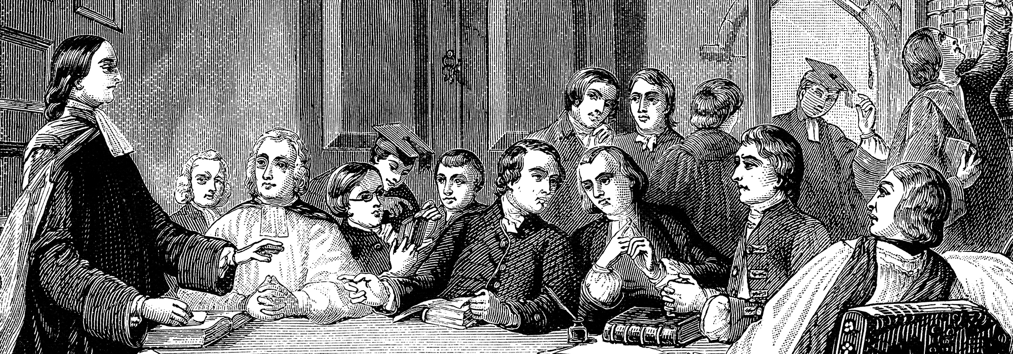 An image of the Wesleys' "Holy Club" meeting at Oxford.