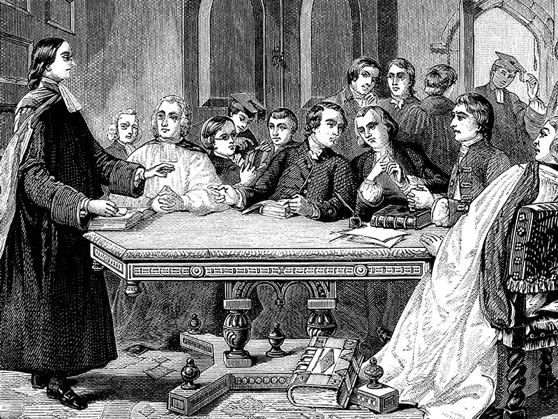 An image of the Wesleys' Holy Club meeting at Oxford.